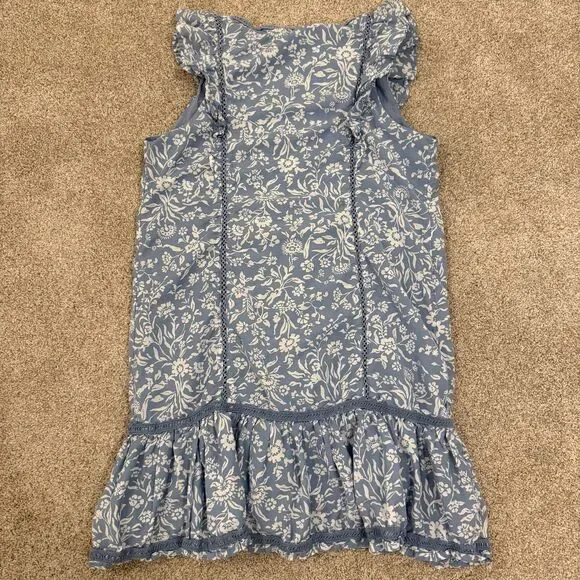 Lucky Brand Lace Trim Ruffle Shoulder Flounce Floral Mini Dress Blue White Small - Picture 4 of 10